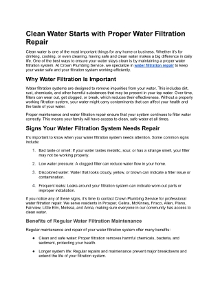 Clean Water Begins with Expert Water Filtration Repair | Crown Plumbing Service