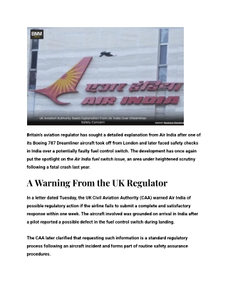 UK Aviation Authority Seeks Explanation From Air India Over Dreamliner Safety Concern