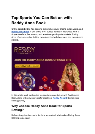 Top Sports You Can Bet on with Reddy Anna Book
