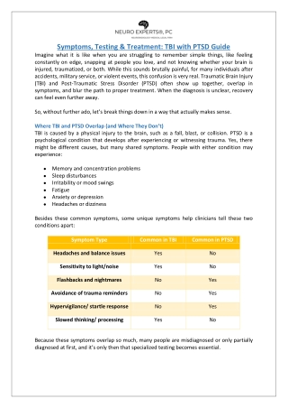 Symptoms, Testing & Treatment TBI with PTSD Guide