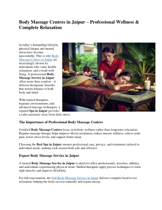 Body Massage Centres in Jaipur – Professional Wellness & Complete Relaxation