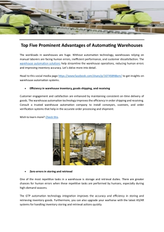 Top Five Prominent Advantages of Automating Warehouses