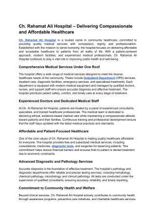 Ch. Rahamat Ali Hospital – Delivering Compassionate and Affordable Healthcare