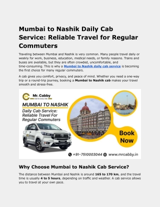 Mumbai to Nashik Daily Cab Service_ Reliable Travel for Regular Commuters