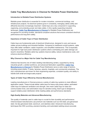 Cable Tray Manufacturers in Chennai for Reliable Power Distribution