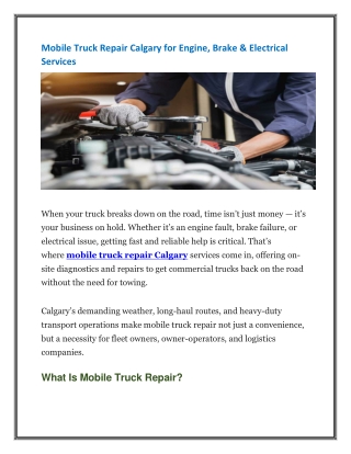 Mobile Truck Repair Calgary for Engine, Brake & Electrical Services
