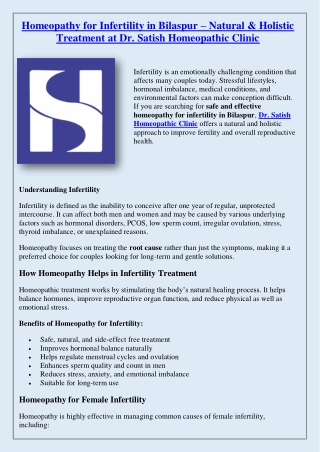 Homeopathy for Infertility in Bilaspur – Natural & Holistic Treatment at Dr. Satish Homeopathic Clinic