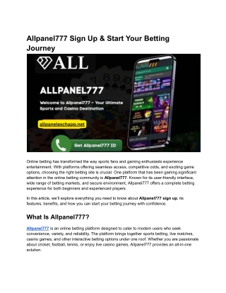 Allpanel777 Sign Up & Start Your Betting Journey