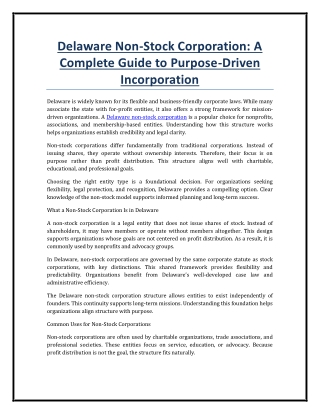 Delaware Non-Stock Corporation A Complete Guide to Purpose-Driven Incorporation