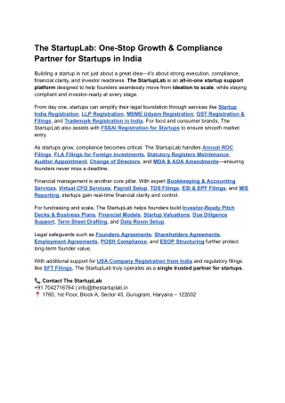 The StartupLab One-Stop Growth & Compliance Partner for Startups in India