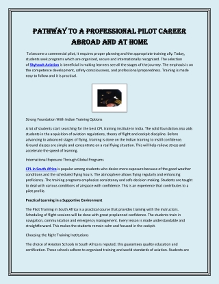Pathway to a Professional Pilot Career Abroad and at Home