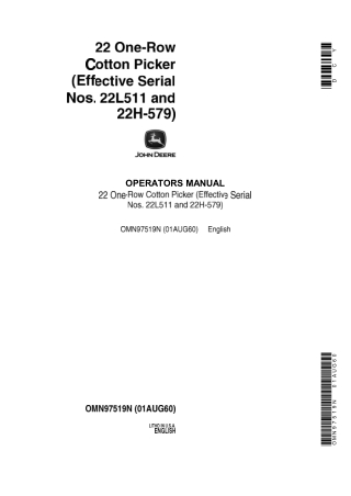 John Deere 22 One-Row Cotton Picker (Effective Serial Nos.22L511 AND 22H-579) Operator’s Manual Instant Download (Public