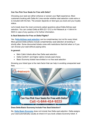 1-844-414-9223 Can You Pick Your Seats for Free with Delta?