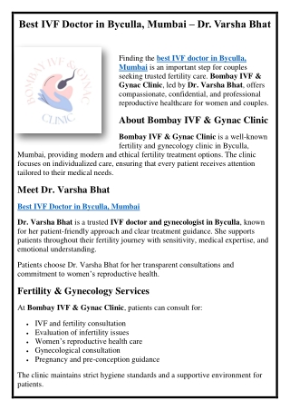 Best IVF Doctor in Byculla, Mumbai – Dr. Varsha Bhat