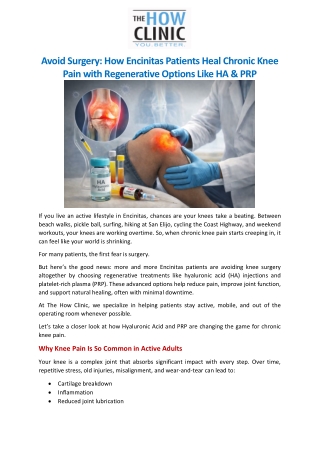 Avoid Surgery How Encinitas Patients Heal Chronic Knee Pain with Regenerative Options Like HA & PRP