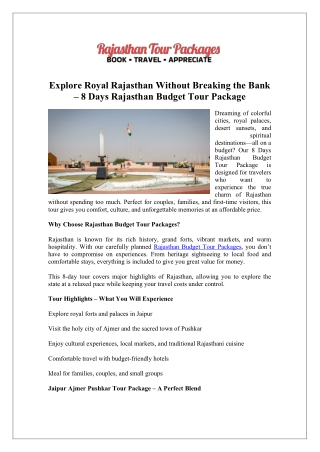 Explore Royal Rajasthan Without Breaking the Bank – 8 Days Rajasthan Budget Tour