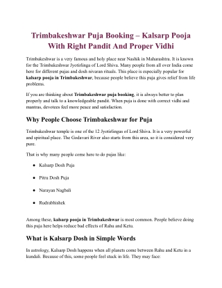 Trimbakeshwar Puja Booking – Kalsarp Pooja With Right Pandit And Proper Vidhi