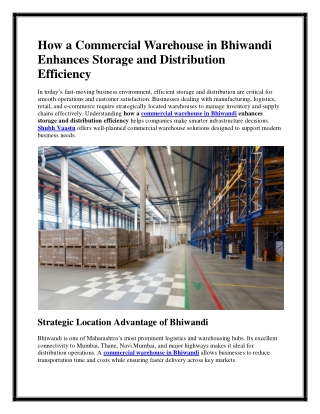 How a Commercial Warehouse in Bhiwandi Enhances Storage and Distribution Efficiency