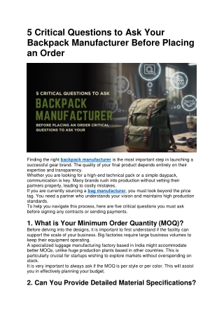 5 Critical Questions to Ask Your Backpack Manufacturer Before Placing an Order