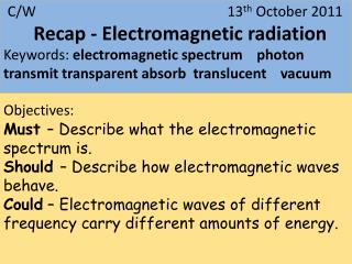 C/W 13 th October 2011 Recap - Electromagnetic radiation