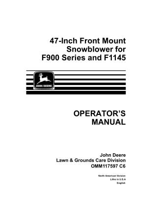 John Deere 47-Inch Front Mount Snowblower for F900 Series and F1145 Mower Operator’s Manual Instant Download (Publicatio