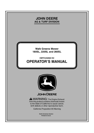 John Deere 180SL 220SL and 260SL Walk Greens Mower Operator’s Manual Instant Download (PIN030001-) (Publication No.OMTCU