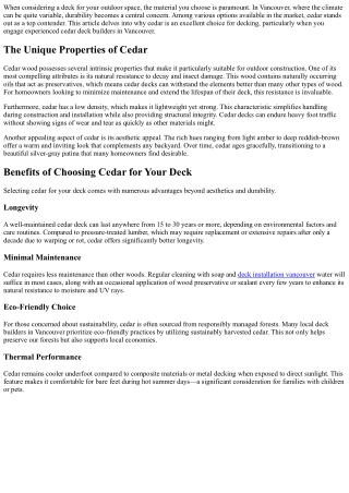 Cedar Deck Builders Vancouver: Why Cedar is the Best Choice for Durability