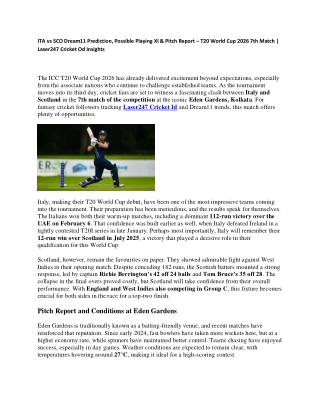 ITA vs SCO Dream11 Prediction, Possible Playing XI & Pitch Report – T20 World Cup 2026 7th Match - Laser247 Cricket Od I