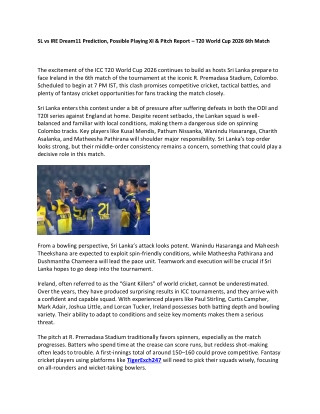 SL vs IRE Dream11 Prediction, Possible Playing XI & Pitch Report – T20 World Cup 2026 6th Match