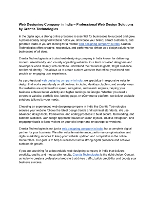 Web Designing Company in India – Professional Web Design Solutions by Crantia Technologies