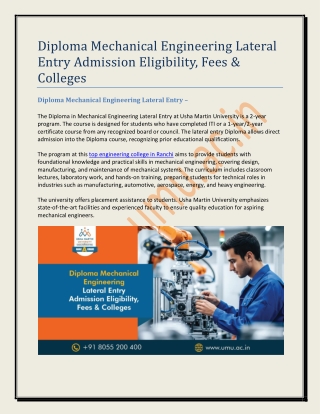 Mechanical Engineering Lateral Entry Diploma Admission Eligibility, Fees & Colleges