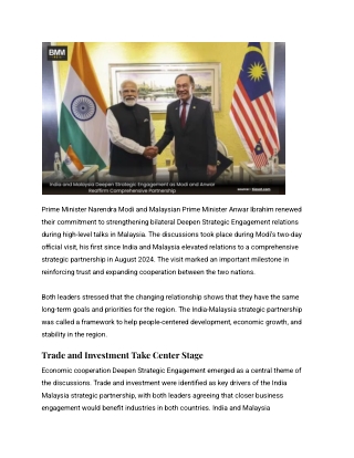 India and Malaysia Deepen Strategic Engagement as Modi and Anwar Reaffirm Comprehensive Partnership