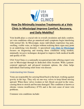 How Do Minimally Invasive Treatments at a Vein Clinic in Mississippi Improve Comfort, Recovery, and Daily Mobility