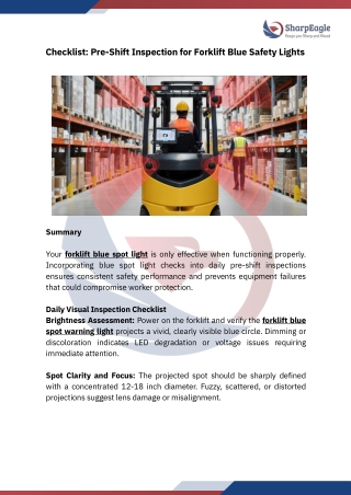 Checklist Pre-Shift Inspection for Forklift Blue Safety Lights