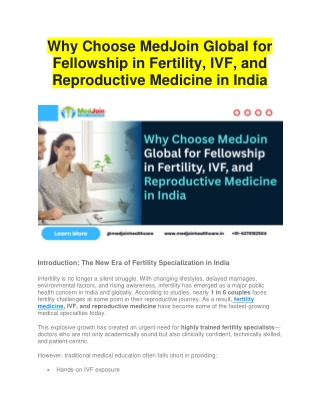 Why Choose MedJoin Global for Fellowship in Fertility, IVF, and Reproductive Medicine in India