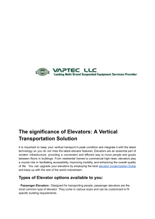 The significance of Elevators_ A Vertical Transportation Solution