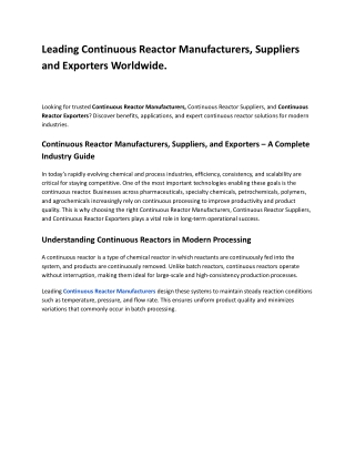 Leading Continuous Reactor Manufacturers, Suppliers and Exporters Worldwide