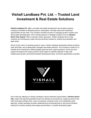 Vishall Landbase Pvt. Ltd. – Trusted Land Investment & Real Estate Solutions