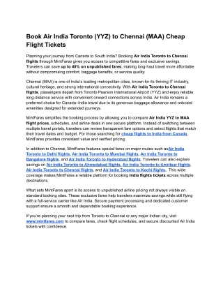 Canada to Chennai Air India Flights