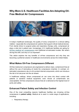 Why More U.S. Healthcare Facilities Are Adopting Oil-Free Medical Air Compressors