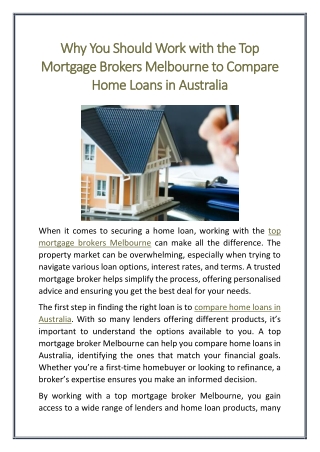 Why You Should Work with the Top Mortgage Brokers Melbourne to Compare Home Loans in Australia