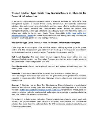 Trusted Ladder Type Cable Tray Manufacturers in Chennai for Power & Infrastructure