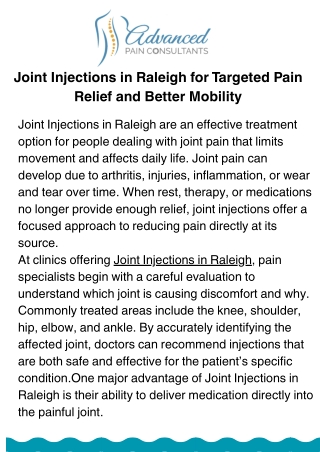 Joint Injections in Raleigh for Safe and Effective Joint Pain Management
