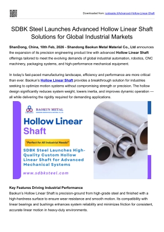 SDBK Steel  Launches Advanced Hollow Linear Shaft Solutions for Global Industrial Markets