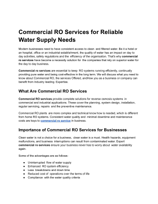 Commercial RO Services for Reliable Water Supply Needs