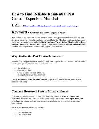 How to Find Reliable Residential Pest Control Experts in Mumbai