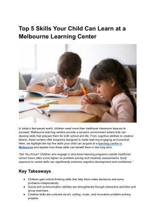 Top 5 Skills Your Child Can Learn at a Melbourne Learning Center