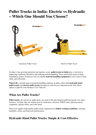 Pallet Trucks in India: Electric vs Hydraulic – Which One Should You Choose? 