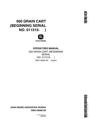 John Deere 500 Grain Cart Operator’s Manual Instant Download (Serial No.011515-) (Publication No.OMH138088)