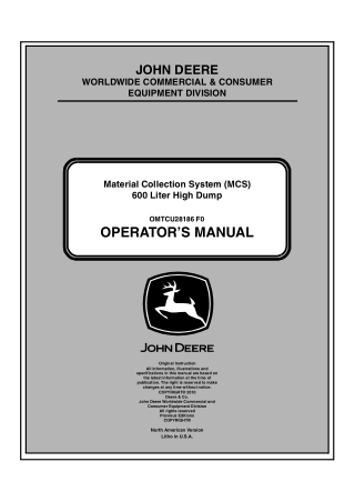 John Deere 600 Liter High Dump Material Collection System (MCS) Operator’s Manual Instant Download (PIN010001-) (Publica